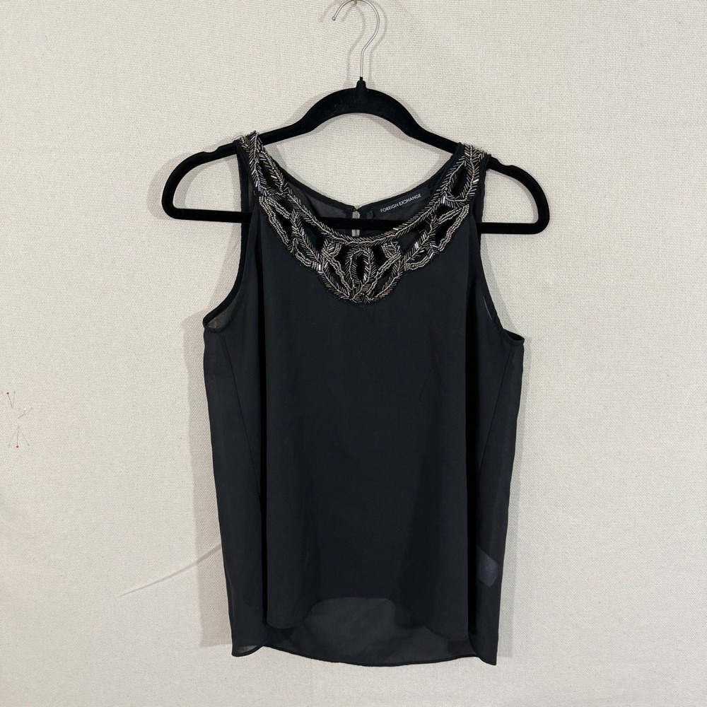 Foreign Exchange Black Beaded Neckline Sleeveless Chiffon Blouse Medium 41112-1